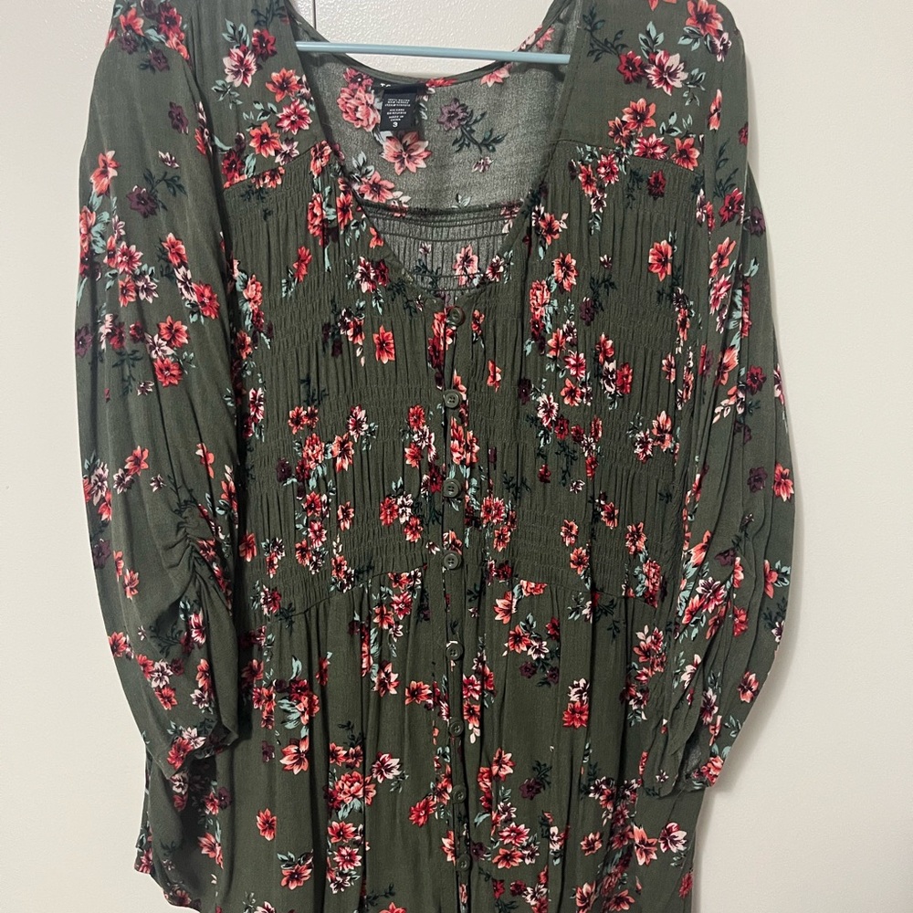 torrid Olive Green Floral Smocked Blouse with Red-Pink Blooms